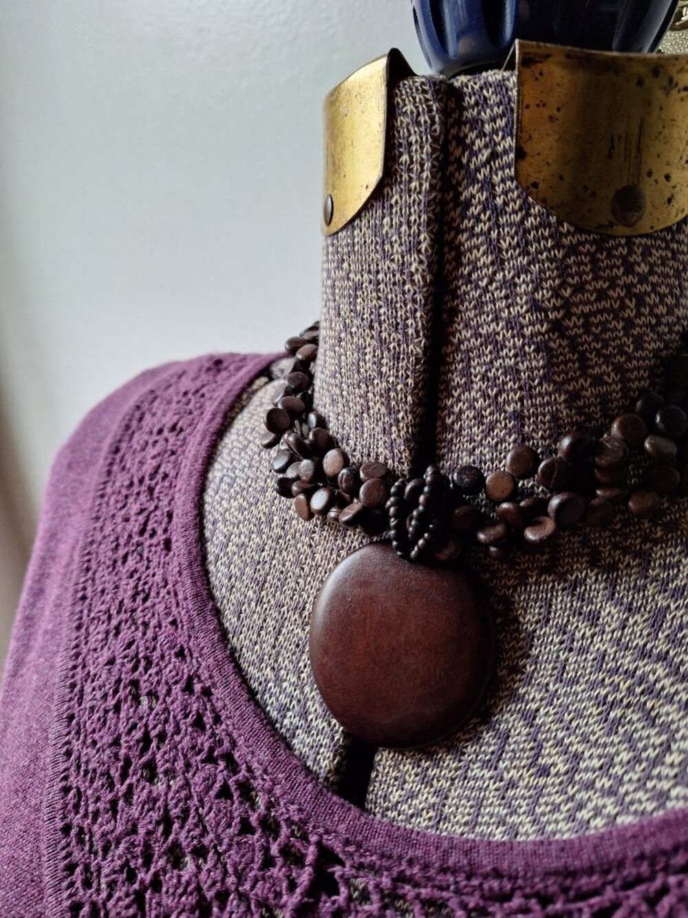Women's Brown Beaded Necklace Wooden Wood-like Beads and Large Pendant Seed Bead